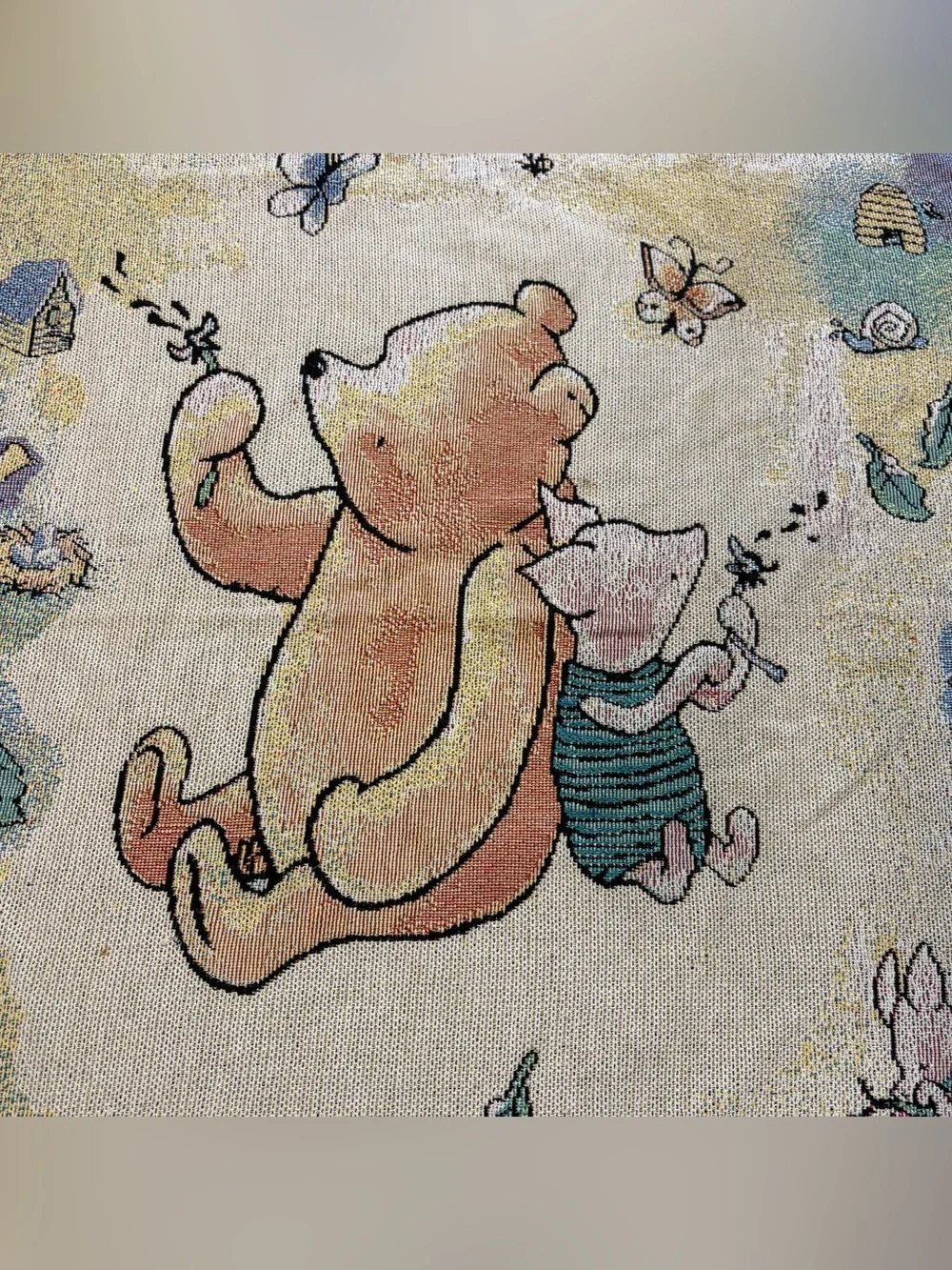 VTG Classic Winnie The Pooh & Piglet Woven Tapestry Throw Fringed Blanket 35x53